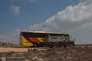 Armour plated bus an military escort on Mount Ebal whn visiting the altar of Joshua